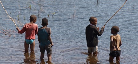 Four Boys Playing In The Thamalakane River Ns 06380